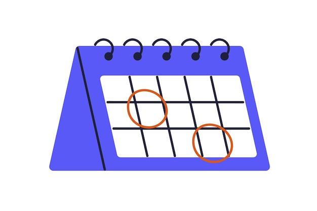 Ícono de calendario con marcas circulares para guardar fechas Calendario con días importantes resaltados plazos de citas de negocios Gestión del tiempo Ilustración vectorial plana aislada sobre fondo blanco