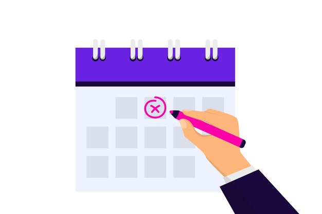 Icono de calendario Recordatorio en calendario Marcación de la mano con pluma Calendario Marca la fecha Feriado conceptos de días importantes Alerta para eventos de planificación de negocios Recordatorio Ilustración vectorial