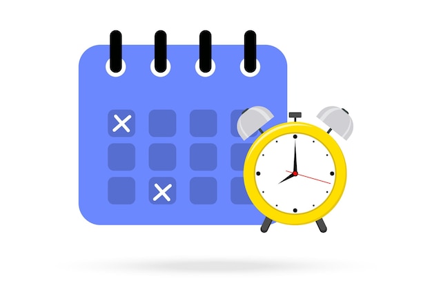 Icono de calendario y reloj en estilo plano Programar cita concepto de fecha importante Planificación de la gestión del tiempo Día mes año Símbolo de fecha límite Concepto de recordatorio