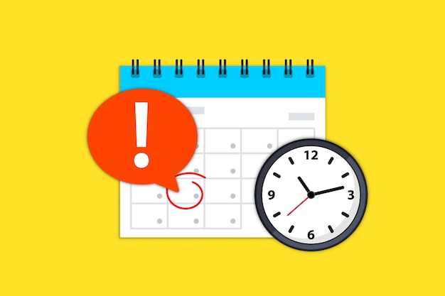 Icono de calendario y reloj. notificación de fecha límite de fecha de calendario. cita, horario, fecha importante. hora y fecha. fecha límite en un calendario, notificación de eventos. recordatorio de evento programado en la agenda