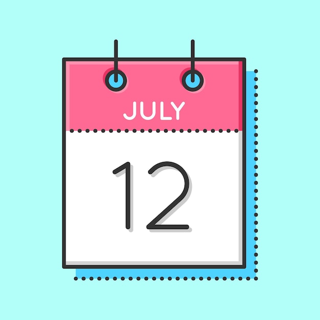 Icono de calendario vectorial Ilustración de vector de línea plana y delgada Hoja de calendario sobre fondo azul claro 12 de julio