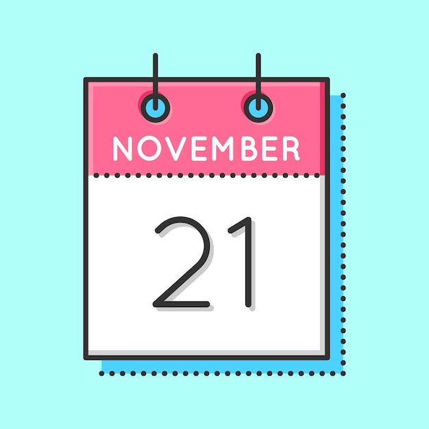 Vector icono de calendario vectorial ilustración vectorial de línea plana y delgada hoja de calendario sobre fondo azul claro 21 de noviembre