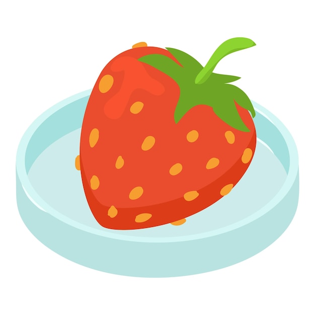 Icono de calidad de fruta vector isométrico Fresa fresca con esencia en placa de petri Control de calidad de alimentos