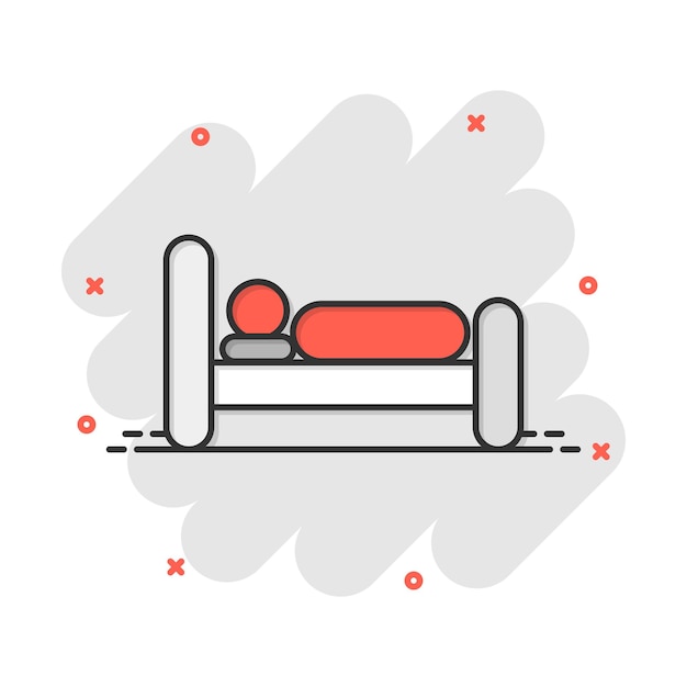Icono de cama en estilo cómic Dormir dormitorio vector dibujos animados ilustración pictograma Relajarse sofá negocio concepto efecto de salpicadura