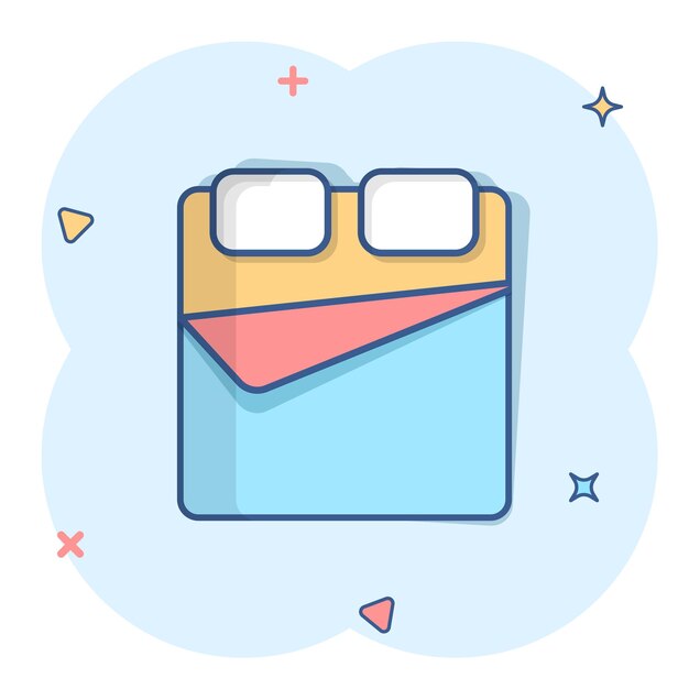 Icono de cama en estilo cómic Ilustración de vector de signo de dibujos animados de dormitorio sobre fondo blanco aislado Concepto de negocio de efecto de salpicadura de cama