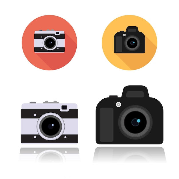 Vector icono de cámara dslr e icono de cámara compacta retro, iconos planos redondos en blanco, ilustración vectorial