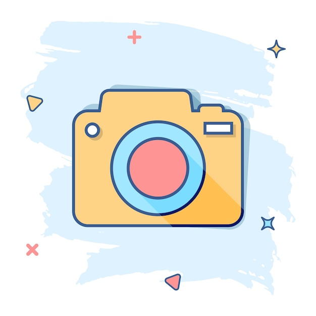 Icono de cámara de fotos de dibujos animados vectoriales en estilo cómico pictograma de ilustración de signo de cámara de fotógrafo concepto de efecto de salpicadura de negocio de cámara