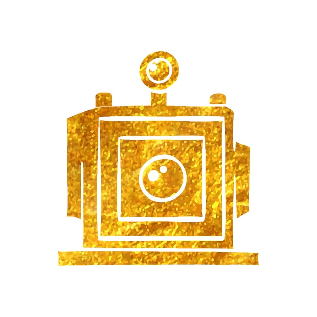 Icono de cámara de gran formato dibujado a mano en la ilustración de vector de textura de hoja de oro
