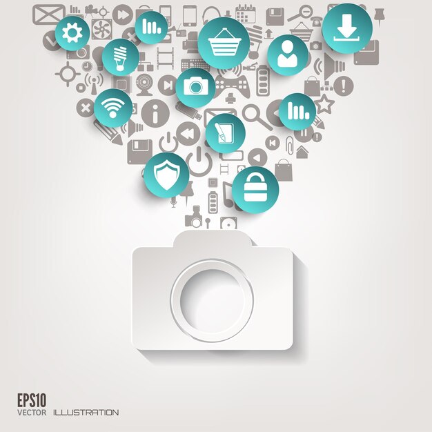 Icono de la cámara plana fondo abstracto con iconos de la web símbolos de interfaz de computación en la nube móvil