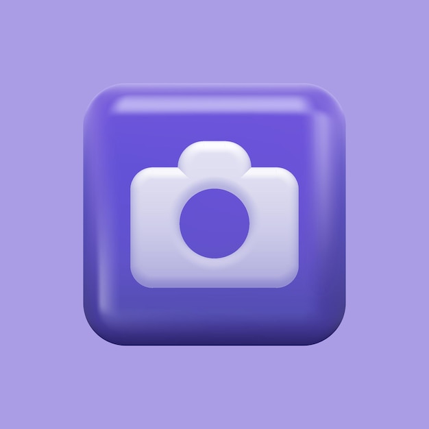 Icono de cámara púrpura. Botón de aplicación 3D aislado. Ilustración vectorial