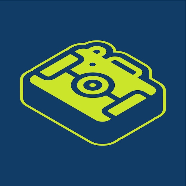 Icono de cámara vectorial retroisométrica verde con fondo editable