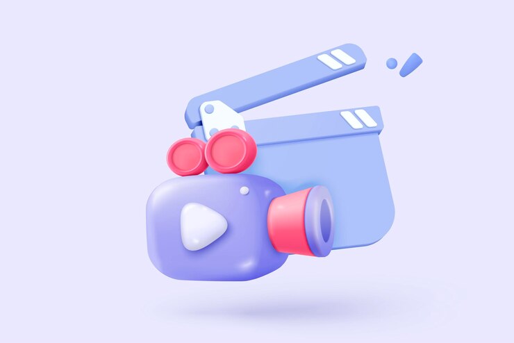 Vector icono de cámara de video 3d aislado con lente y botón en fondo pastel icono de película realista botón de reproducción para transmisión de concepto multimedia icono de registro de cine 3d ilustración de renderización vectorial