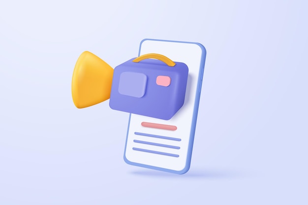 Icono de cámara de video 3D aislado con lente y botón con teléfono móvil Icono de película realista botón de reproducción para transmisión de concepto multimedia Icono de registro de cine 3D Ilustración de renderización vectorial