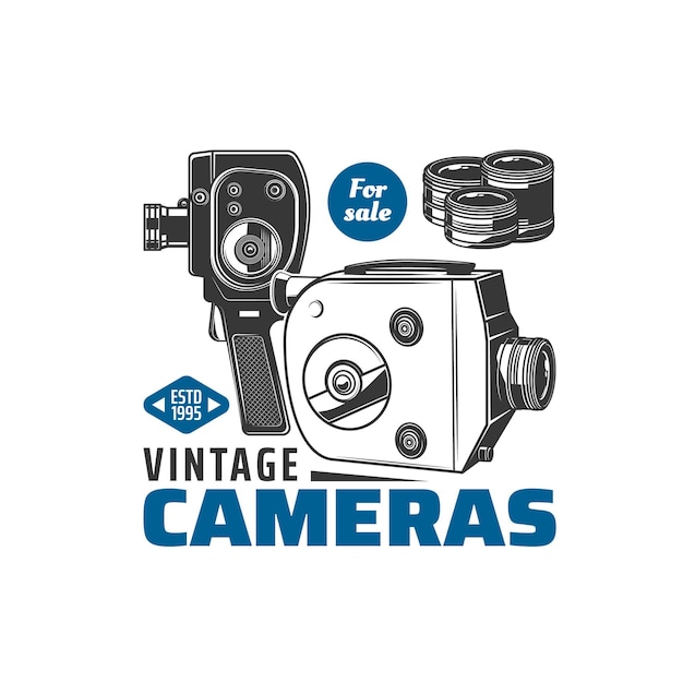 Vector icono de cámaras vintage. tienda de cámaras de cine de película retro, lentes y accesorios o servicio de reparación, emblema o icono de vector monocromo con pequeñas cámaras de cine en casa de los años 60, videocámaras portátiles clásicas