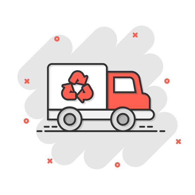 Icono de camión de basura en estilo cómic Ilustración de vector de dibujos animados de reciclaje sobre fondo blanco aislado Concepto de negocio de signo de efecto de salpicadura de coche de basura