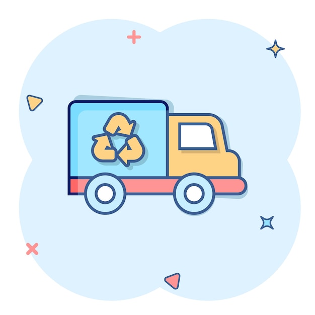 Icono de camión de basura en estilo cómic ilustración de vector de dibujos animados de reciclaje sobre fondo blanco aislado concepto de negocio de signo de efecto de salpicadura de coche de basura