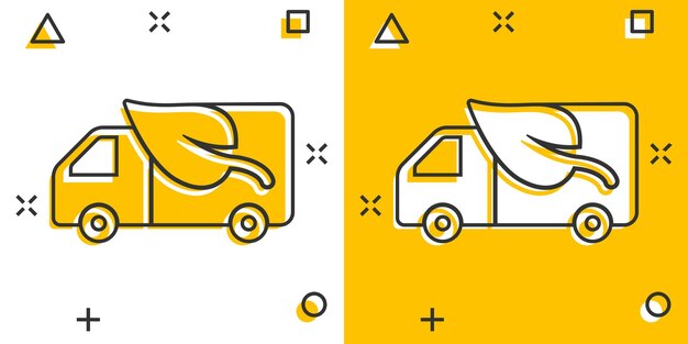 Icono de camión ecológico en estilo cómic Ilustración de vector de dibujos animados de envío de ecología sobre fondo blanco aislado Concepto de negocio de signo de efecto de salpicadura de furgoneta y hoja