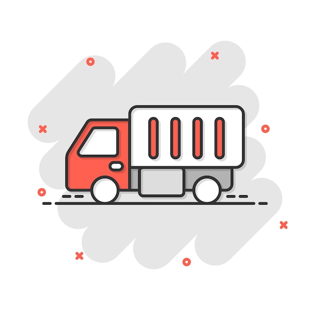 Icono de camión de entrega en estilo cómico Ilustración vectorial de dibujos animados de furgoneta en fondo blanco aislado Concepto de negocio de efecto salpicadura de automóvil de carga