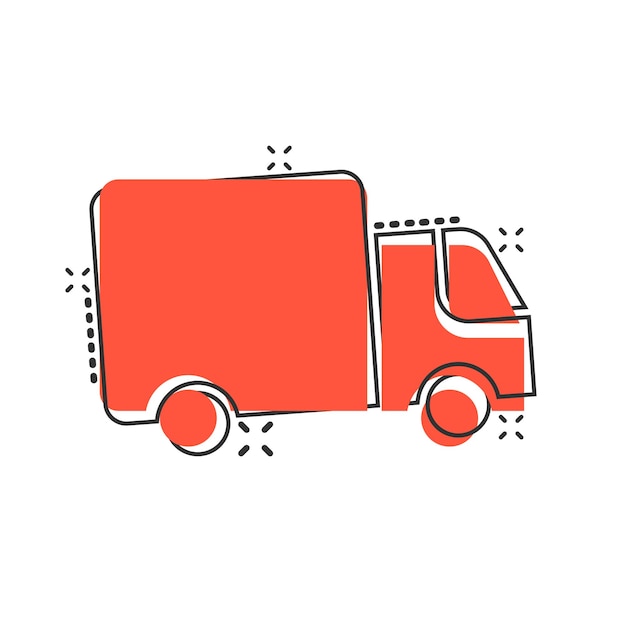 Icono de camión de entrega en estilo cómico Ilustración vectorial de dibujos animados de furgoneta en fondo blanco aislado Concepto de negocio de efecto salpicadura de automóvil de carga