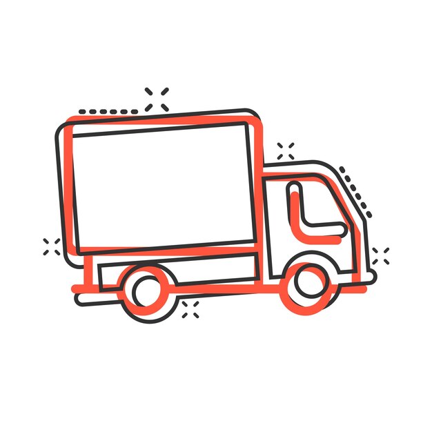 Icono de camión de entrega en estilo cómico Ilustración vectorial de dibujos animados de furgoneta en fondo blanco aislado Concepto de negocio de efecto salpicadura de automóvil de carga