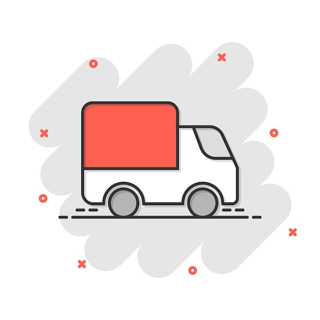 Icono de camión de entrega en estilo cómico Ilustración vectorial de dibujos animados de furgoneta en fondo blanco aislado Concepto de negocio de efecto salpicadura de automóvil de carga