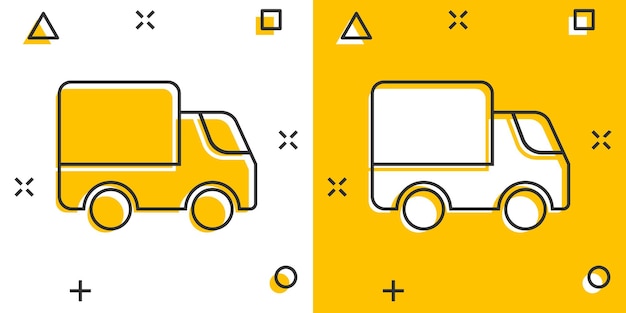 Icono de camión de entrega en estilo cómico Ilustración vectorial de dibujos animados de furgoneta en fondo blanco aislado Concepto de negocio de efecto salpicadura de automóvil de carga