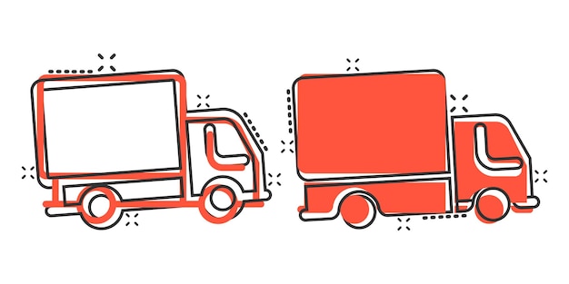 Icono de camión de entrega en estilo cómico Ilustración vectorial de dibujos animados de furgoneta en fondo blanco aislado Concepto de negocio de efecto salpicadura de automóvil de carga