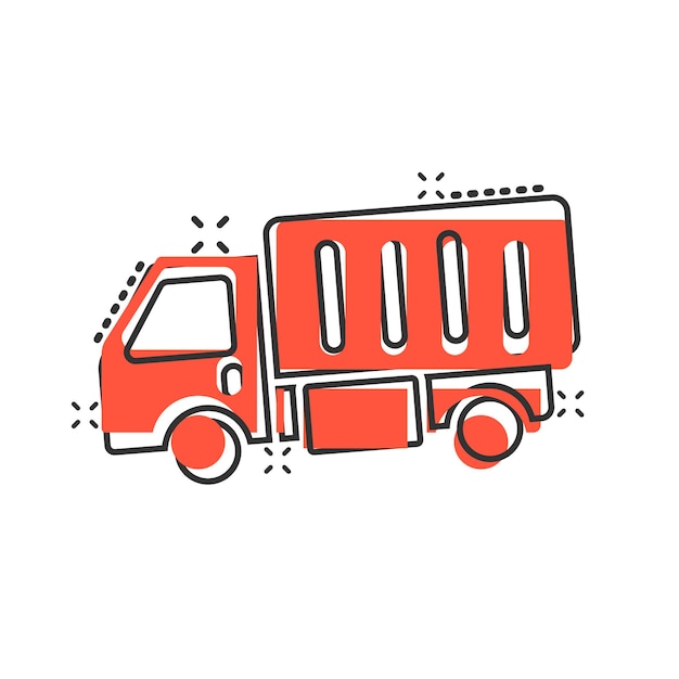 Icono de camión de entrega en estilo cómico Ilustración vectorial de dibujos animados de furgoneta en fondo blanco aislado Concepto de negocio de efecto salpicadura de automóvil de carga