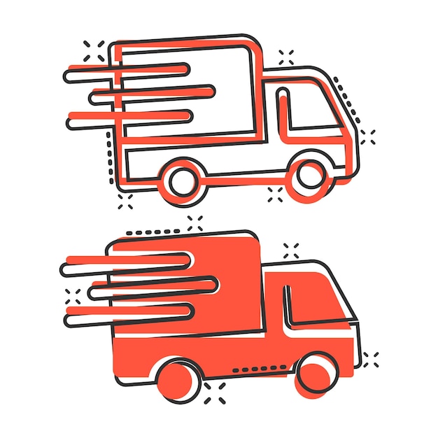 Icono de camión de entrega en estilo cómico Ilustración vectorial de dibujos animados de furgoneta en fondo blanco aislado Concepto de negocio de efecto salpicadura de automóvil de carga