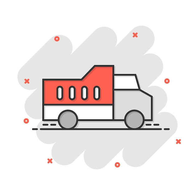 Icono de camión de entrega en estilo cómico Ilustración vectorial de dibujos animados de furgoneta en fondo blanco aislado Concepto de negocio de efecto salpicadura de automóvil de carga