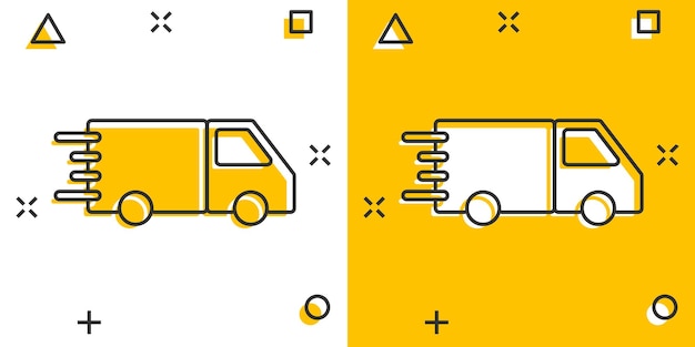Icono de camión en estilo cómic Ilustración de vector de dibujos animados de entrega automática sobre fondo blanco aislado Concepto de negocio de efecto de salpicadura de automóvil de camión