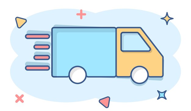 Icono de camión en estilo cómico Ilustración vectorial de dibujos animados de entrega de automóviles en fondo blanco aislado Concepto de negocio de efecto salpicadura de automóviles de camión