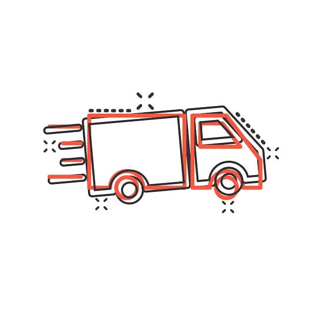 Icono de camión en estilo cómico Ilustración vectorial de dibujos animados de entrega de automóviles en fondo blanco aislado Concepto de negocio de efecto salpicadura de automóviles de camión