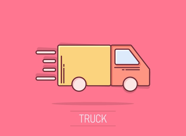 Icono de camión en estilo cómico Ilustración vectorial de dibujos animados de entrega de automóviles en fondo blanco aislado Concepto de negocio de efecto salpicadura de automóviles de camión