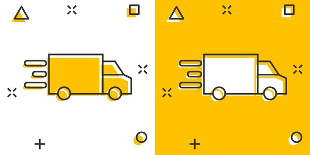 Icono de camión en estilo cómico Ilustración vectorial de dibujos animados de entrega de automóviles en fondo blanco aislado Concepto de negocio de efecto salpicadura de automóviles de camión
