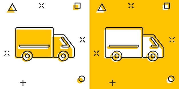Icono de camión en estilo cómico Ilustración vectorial de dibujos animados de entrega de automóviles en fondo blanco aislado Concepto de negocio de efecto salpicadura de automóviles de camión