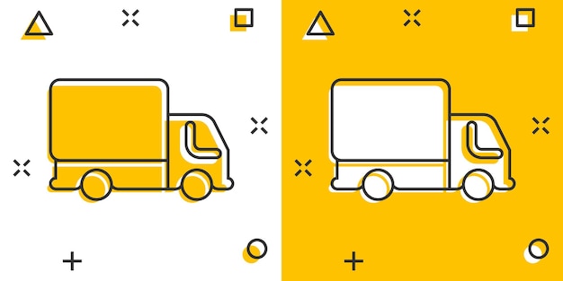 Icono de camión de reparto en estilo cómic Ilustración de vector de dibujos animados Van sobre fondo blanco aislado Concepto de negocio de efecto de salpicadura de coche de carga