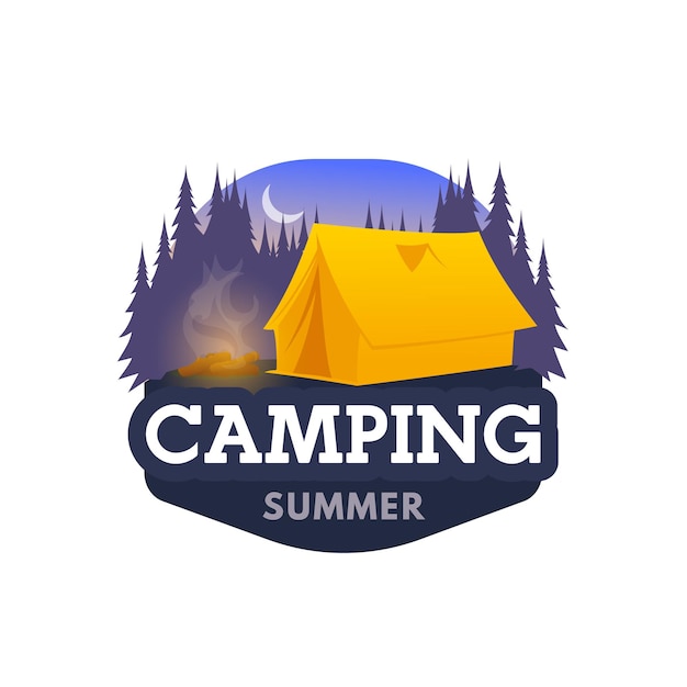 Icono de campamento nocturno, carpa y emblema del club de campamento turístico.