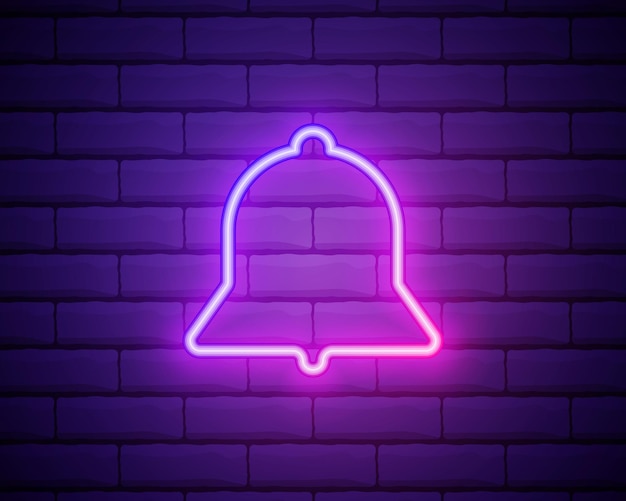 Vector icono de campana de línea de neón brillante aislado en el fondo de la pared de ladrillo nuevo icono de notificación nuevo icono de mensaje concepto de esquema colorido vector