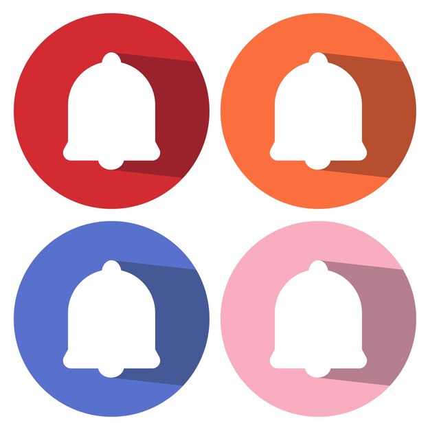 Icono de campana de llamada blanca aislado con sombra larga Símbolo de alarma campana de servicio símbolo de notificación de señal de campanilla Botón de círculo de colores Ilustración vectorial