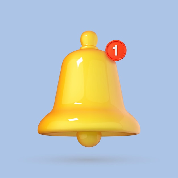 Icono de campana de notificación 3d aislado sobre fondo azul campana de llamada amarilla 3d con nueva notificación para recordatorio de redes sociales ilustración de vector de dibujos animados 3d