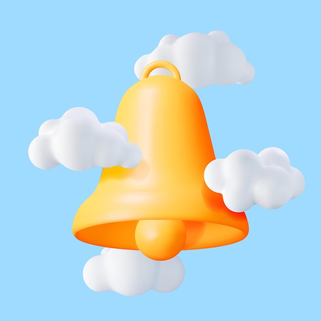 Icono de campana de notificación 3d en las nubes