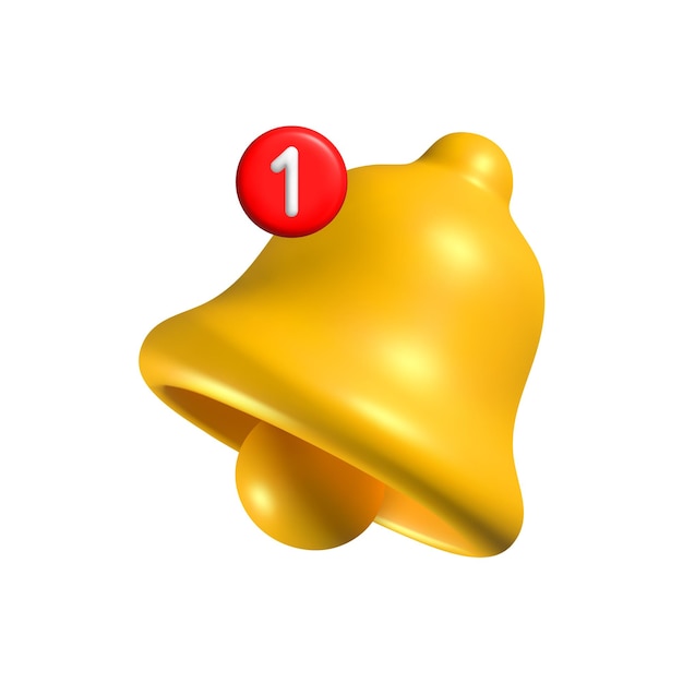 Icono de campana de notificación amarilla 3d con una insignia roja que muestra el número uno aislado en un blanco