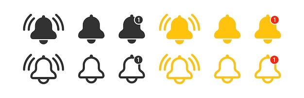 Icono de campana Símbolo de alerta Señales de mensajes de notificación Anillo de alarma Símbolos de sonido del teléfono Iconos de timbre Color amarillo negro Señal vectorial