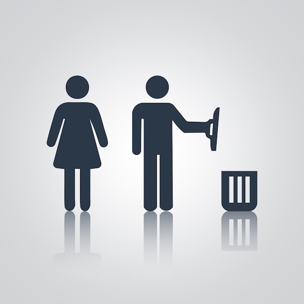 Icono de la canasta de basura signos de responsabilidad de hombre y mujer con fondo plateado