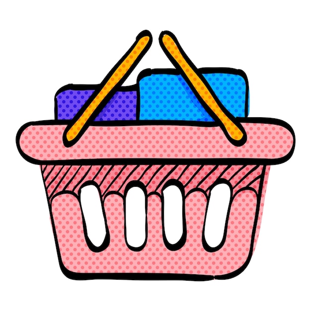 El icono de la canasta de compras de medio tono es una ilustración vectorial de colores dibujada a mano