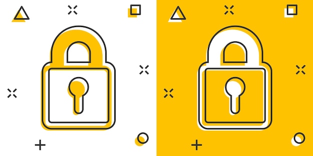 Icono de candado en estilo cómico Ilustración vectorial de dibujos animados de cerradura en fondo blanco aislado Concepto de negocio de efecto salpicaduras privadas