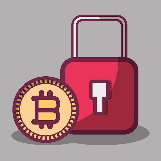 Vector icono de candado y moneda de dinero de bitcoin