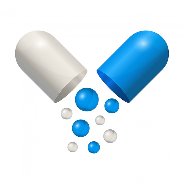 Icono de cápsula 3d realista. Pequeñas bolas que caen de la cápsula médica abierta.