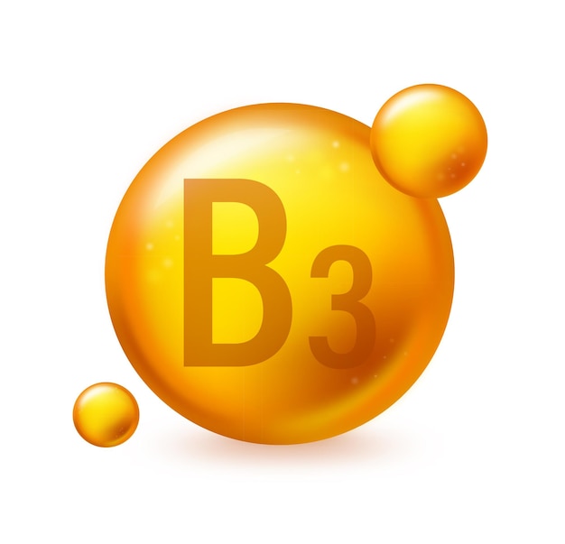 Icono de cápsula de píldora de oro brillante de vitamina B3 Ilustración de vector de cápsula de píldora
